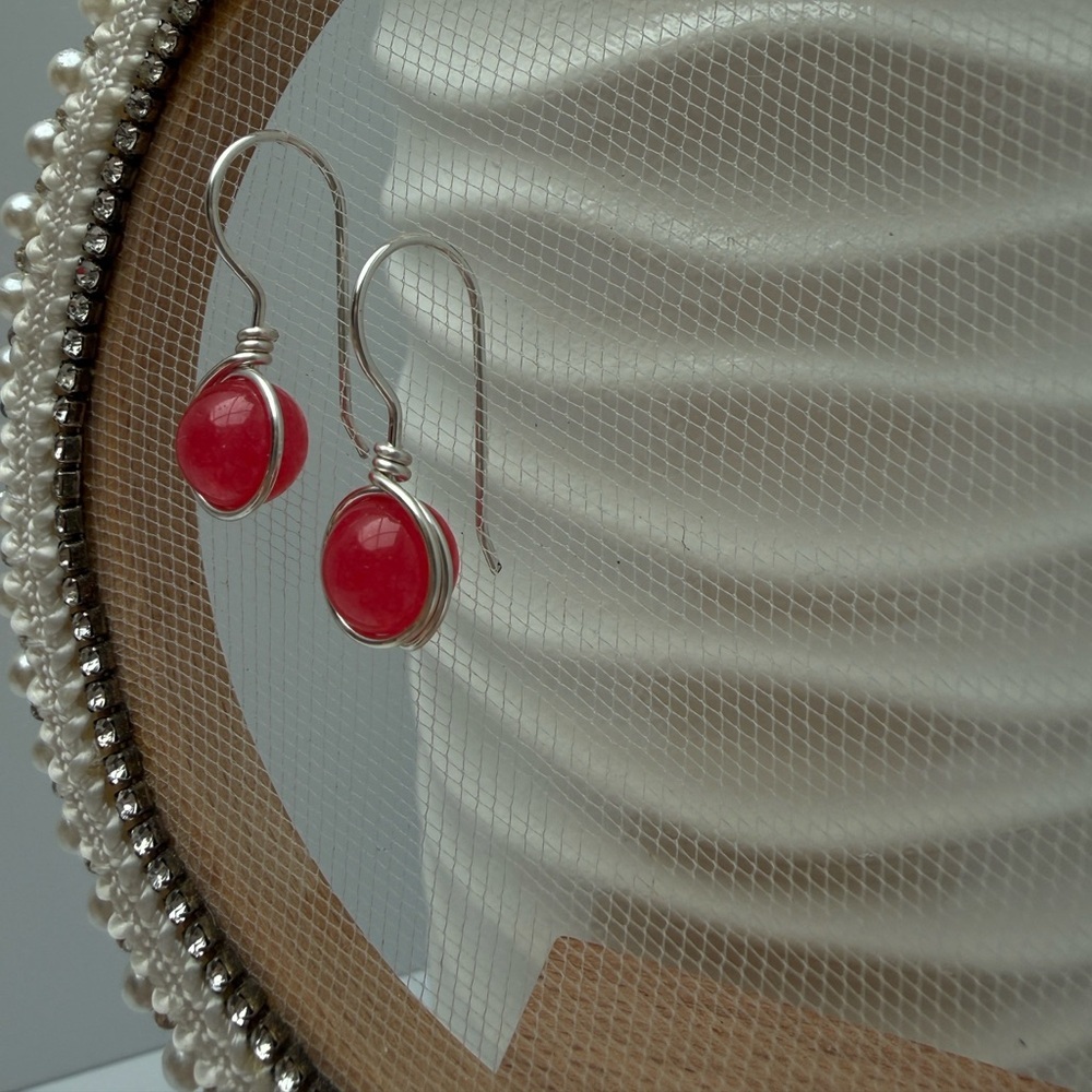 Berry Pink Jade Wire Wrapped Minimalist Silver Earrings - Picture 2 of 9